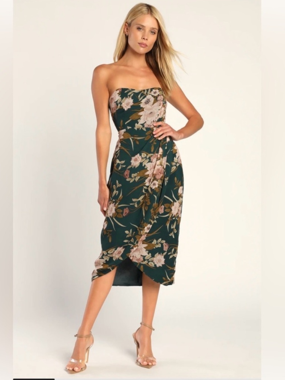 Lulus Effortless Charm Hunter Green Floral Strapless Midi Dress NWT